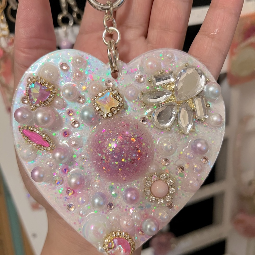 Holographic Bling Jeweled Heart Shape Pendant X-Large Keyring holder